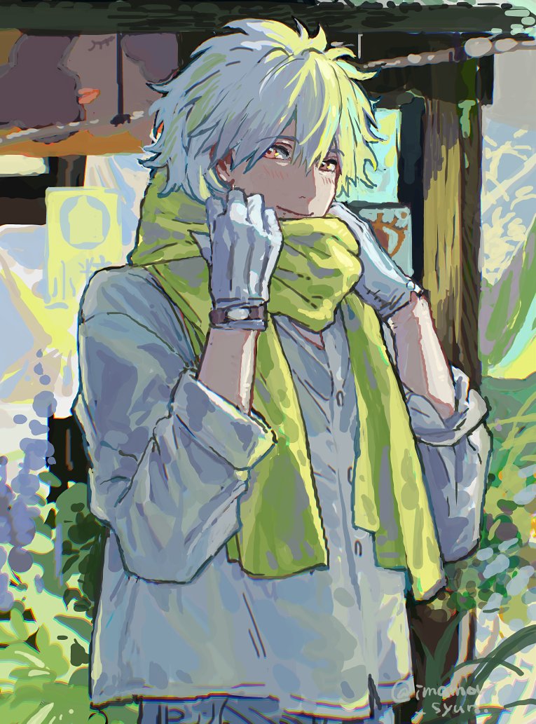 1boy male focus scarf gloves solo white hair outdoors  illustration images