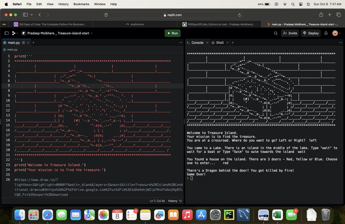 Pradeepmolkhere's tweet photo. Day 3 of #100DaysOfCode! 🌟 Today I dived into conditional statements, logical operators, &amp; explored code blocks and scope. Plus, I built a Love Calculator program and set sail on a Treasure Island adventure 🏴‍☠️💘! Learning to code is unlocking new worlds. #Python #CodingJourney https://t.co/O0OrzHtwcI