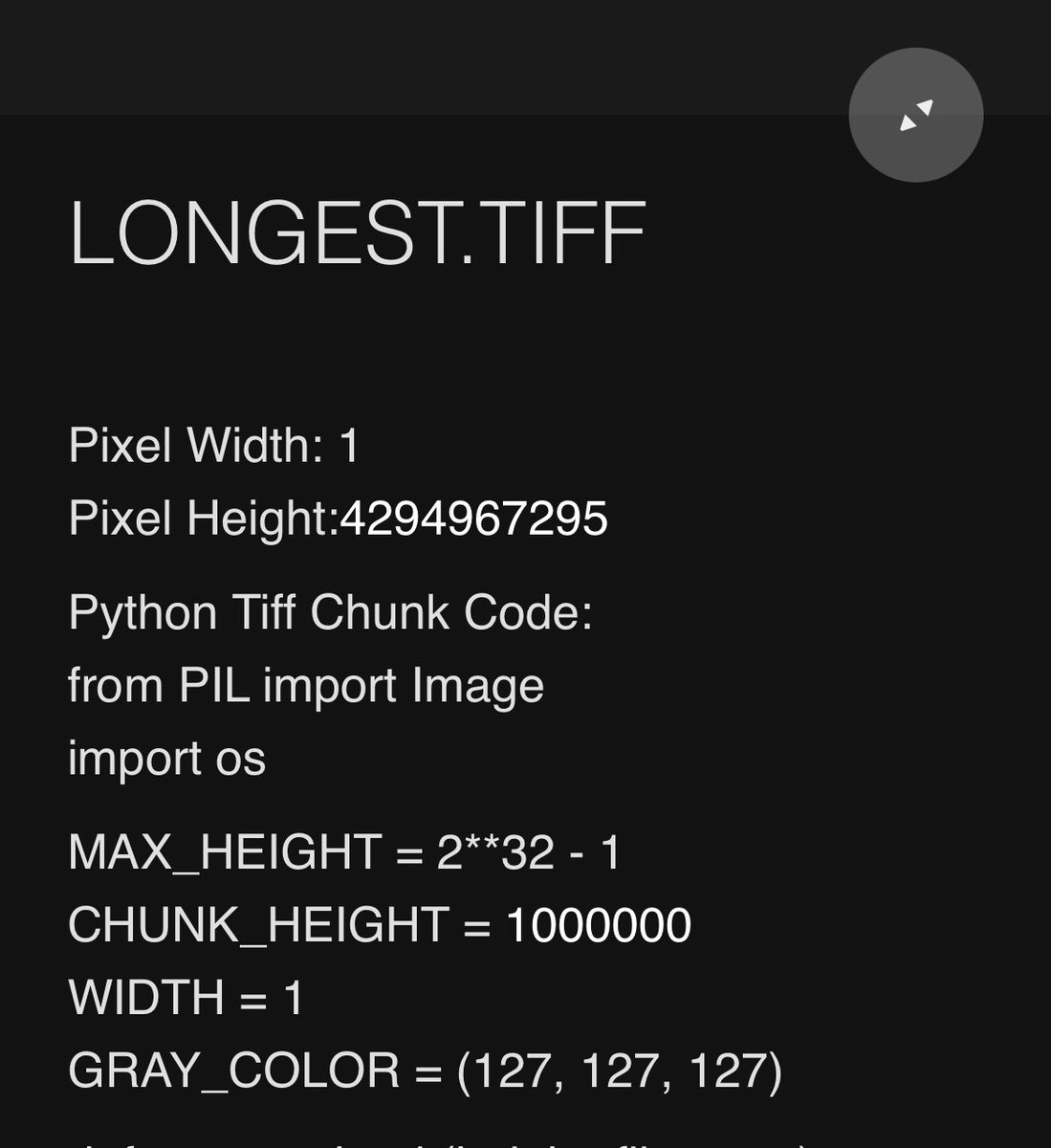 Jay_Delay's tweet image. Good morning,  After countless experiments with codes and long nights creating files. 

I finally successfully pushed past the Limits of JPEGS and PNGS and created the:

“longest.tiff” with a height of 

4,294,967,295 PIXELS

#LongArt #CodeIsArt #conceptualcoding #maxminimalism