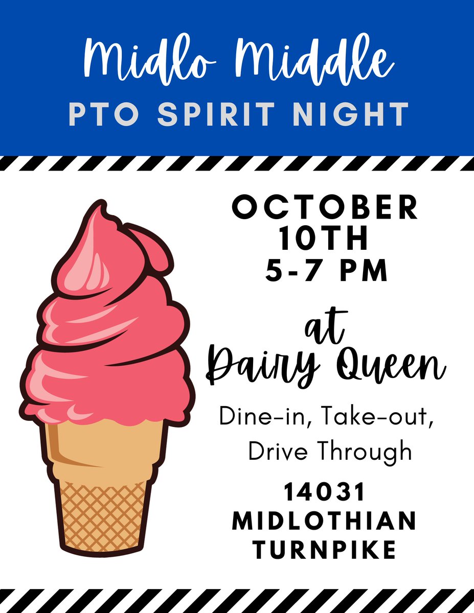 Tuesday Night:5-7pm @DQ in the Charter Colony Shopping Center - Your administrative team can not WAIT to serve you all! Thanks to our PTO for organizing this fun event! #livelikeamustang