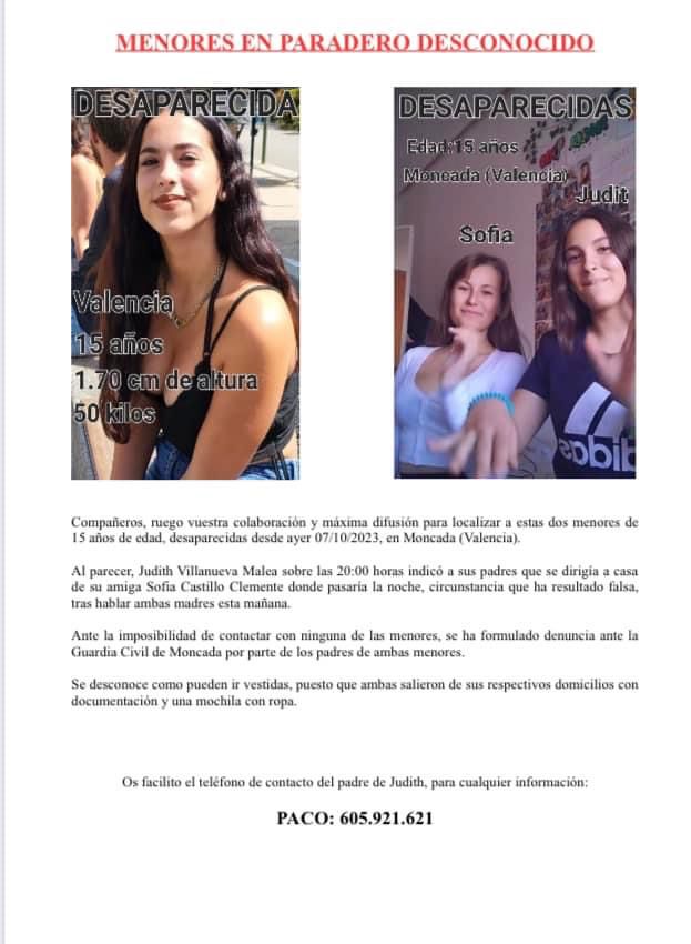 AytoMoncada's tweet image. URGENTE ‼️‼️
Menores desaparecidas en Moncada. Cualquier información contacten a 645348377 / 722388405 / 112 / 062
Se ruega compartir.