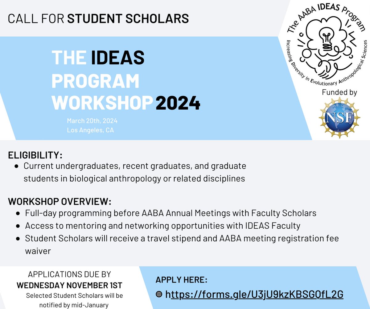 Are you a student interested in biological anthropology? Do you identify as a member of a systematically marginalized group? Then consider joining us at the AABA IDEAS Program Workshop! Student applications are now open! Apply here: tiny.utk.edu/IDEAS_Student_…