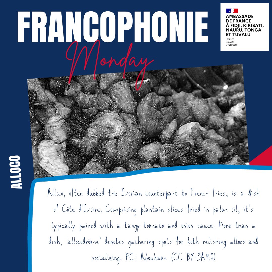 ambafrancefj's tweet photo. It's #FrancophonieMonday 🤓! Diving into #Ivorian delights 🍽️, we're going truly bananas 🍌 over #Alloco! With #plantains reigning as #CôtedIvoire’s top horticultural export and a whopping 1.5 million tonnes 📈 annually, we're truly peeling back the best of #Francophonie! Enjoy! https://t.co/wX0p9EG7jO