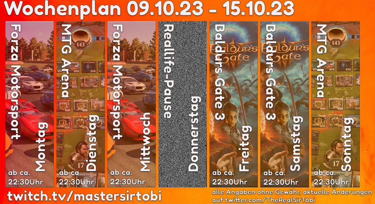 TheRealSirTobi's tweet photo. Neue Woche, neues Glück! Diesmal geht es zurück zu den Wurzeln, tiefer in Dungeons und auf neue Strecken! #MTGA #MagicTheGathering #BaldursGate3 #ForzaMotorsport 
Live auf https://t.co/iHJdbbTGl1 https://t.co/cjcpAgmPSA