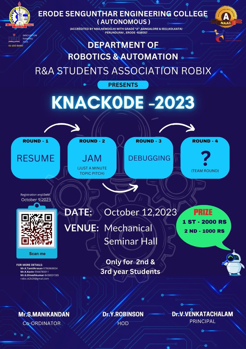 esec_india's tweet image. Department of Robotics and Automation, R&A Students Association Robix presents 'Knackode 2023' on 12.10.2023. Scan QR for registration.
#knackode | #roboticsautomation | #studentsassociation
| #debugging | #competition | #lifeatesec | #perundurai