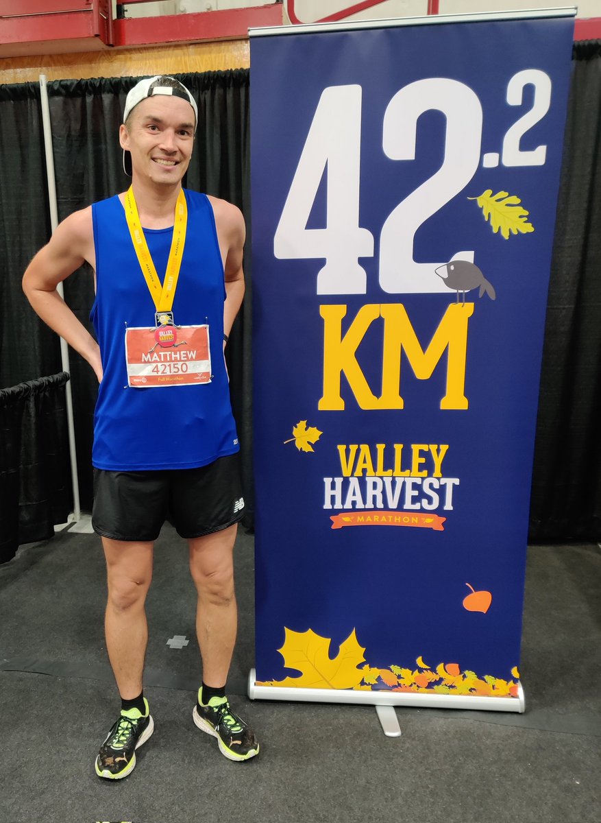 matthewvierimaa's tweet image. First marathon in the books this morning at the @VHMarathon! 3:33:49 chip time. Post-tropical storm provided some rain and wind, which was great 🙃. Last 10k was as tough as advertised. Looking forward to eventually walking up and down stairs normally again.
