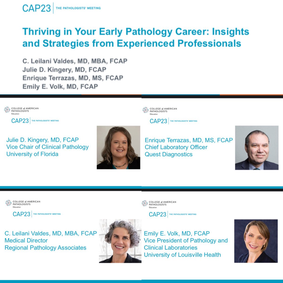 Leilani Valdes, MD, MBA, FCAP (@leilaniclv) on Twitter photo Looking for advice on how to thrive in your pathology career? Join me and these excellent pathology leaders for a panel discussion as we share our insights and strategies. Sunday, October 8, 2:30-3:30pm, Grand Hall J
#CAP23 #CAPnow <a href="/Pathologists/">CAPathologists</a> @EEVMD Looking for advice on how to thrive in your pathology career? Join me and these excellent pathology leaders for a panel discussion as we share our insights and strategies. Sunday, October 8, 2:30-3:30pm, Grand Hall J
#CAP23 #CAPnow <a href="/Pathologists/">CAPathologists</a> @EEVMD