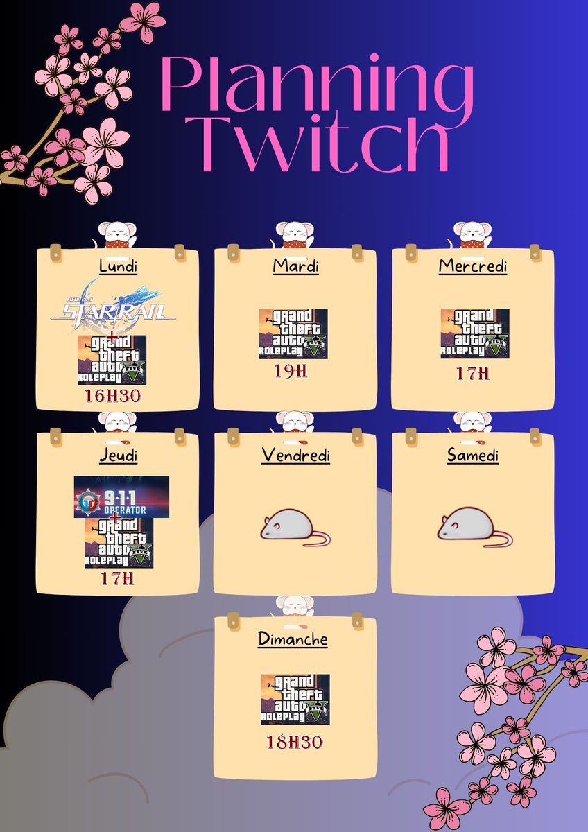 ayaratz's tweet photo. Hello, programme #twitch de cette semaine mes petits ratz

#twitchfr #fr #stream #gtarp #HonkaiStarRail #streameuse #gaming #planningtwitch #affiliate #twitchstreamer #streamer #911operator #simulation #ratz #ayaratz https://t.co/koGpgFypy1
