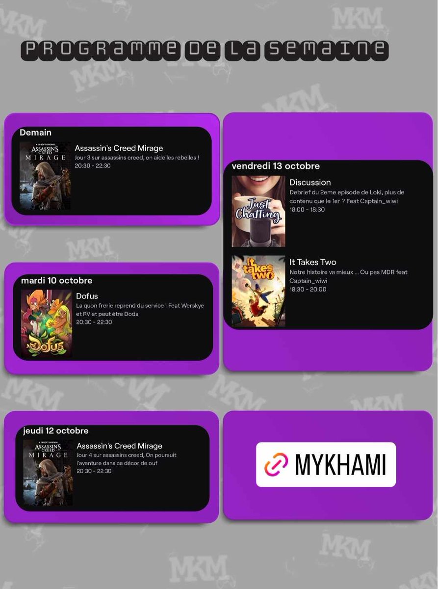 Mykhami's tweet photo. Salut la team, salut la commu!
Une semaien chargée, on poursuit l'aventure assassin's creed mirage 😍
Du dofus avec la quon frerie, dont @werskyee.
Une vendredi apres midi avec @captain_wiwi, on debrief du nouvel épisode de loki et on enchaîne sur ot takes two ! https://t.co/KN7lPLcf2l