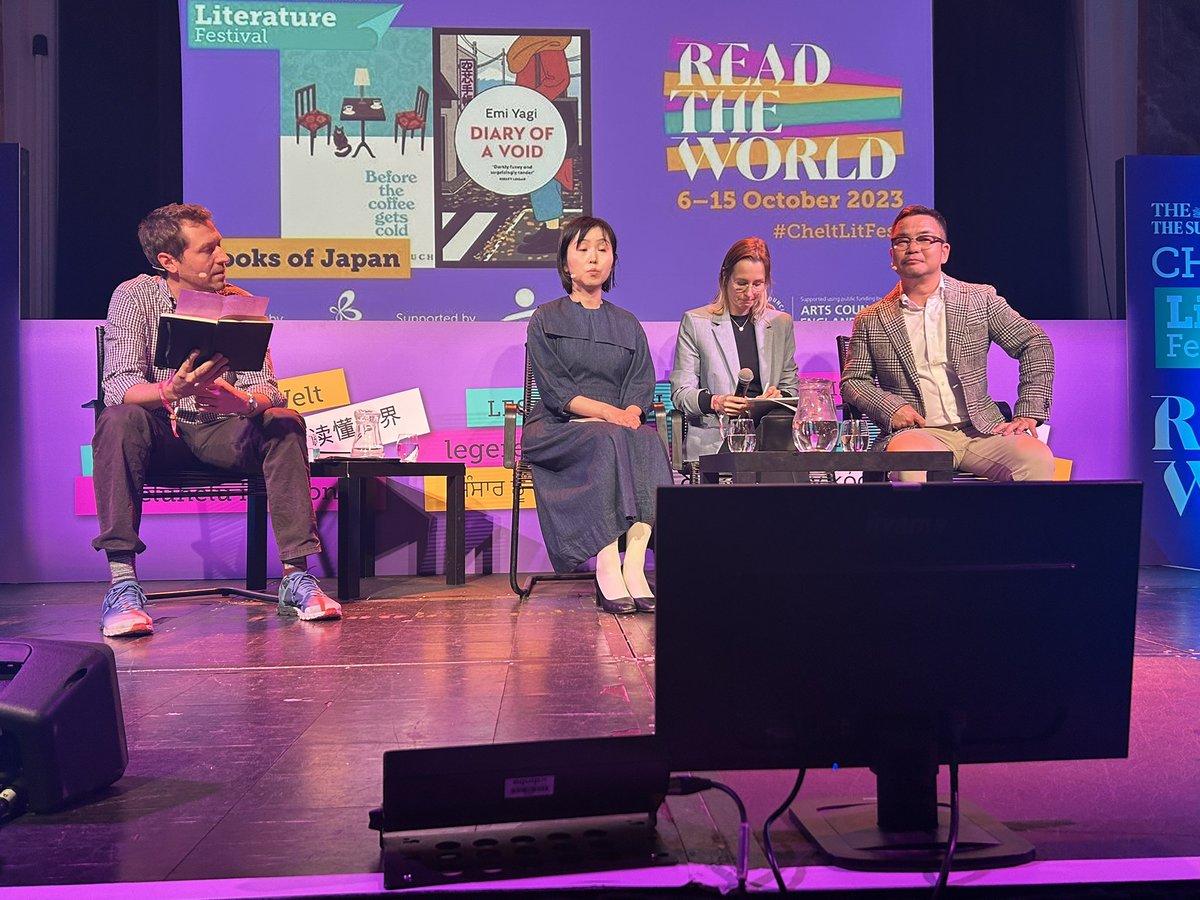 TheEllieMo's tweet photo. Really enjoyed seeing @nasubijutsu (author of my favourite book of 2021, The Cat and The City) in conversation with @kawaguchicoffee and Emi Yagi about their books, Before The Coffee Gets Cold and Diary of a Void, not forgetting @bethanrjones’s incredible translating as well https://t.co/OX9kogkUMl