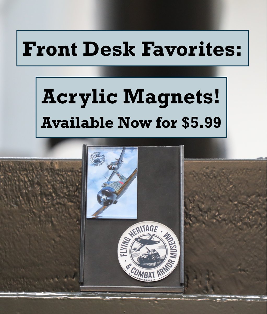 FlyingHeritage's tweet photo. Gift Shop Alert! We have introduced a logo variant of our magnets and restocked the Zero/P-40, Sherman, and P-51 magnets. Come pick yours up today! (No admission needed for giftshop purchases). https://t.co/k4RfHSDc6t