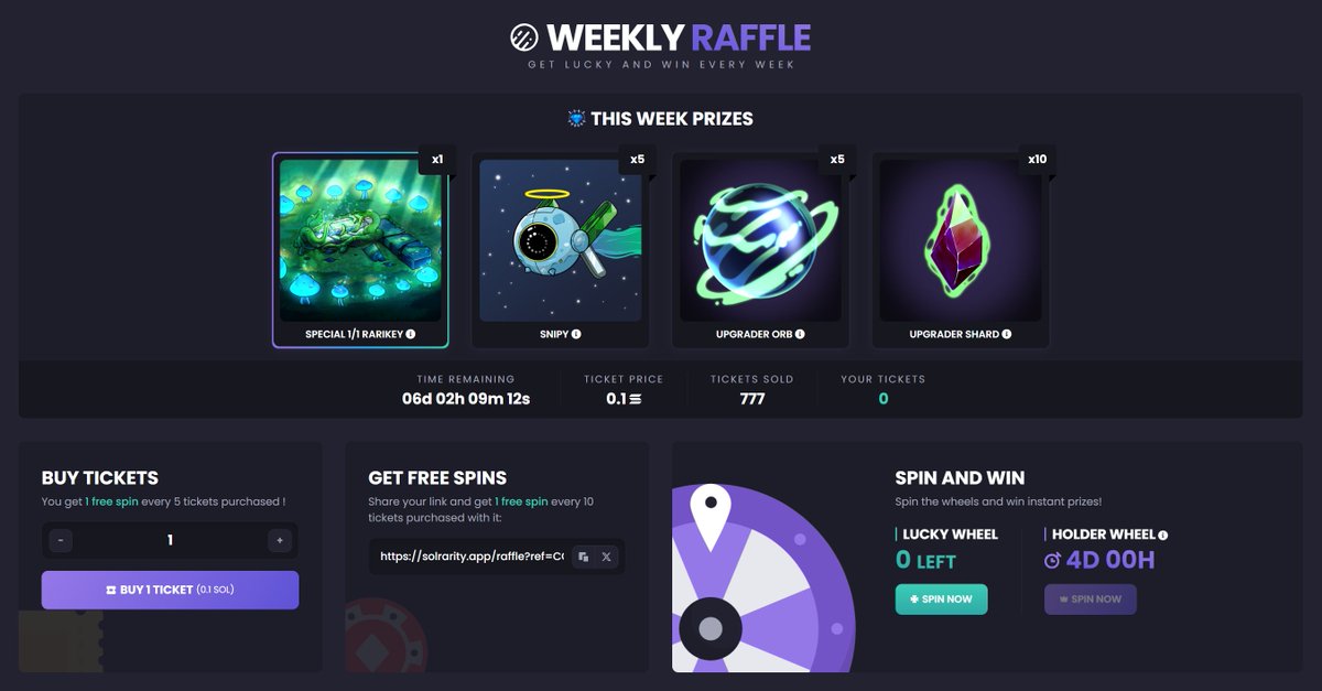 Dive into our unique raffle experience 🎟️

Every week, a new adventure filled with exclusive rewards awaits 🎁

The first raffle just started: solrarity.app/raffle