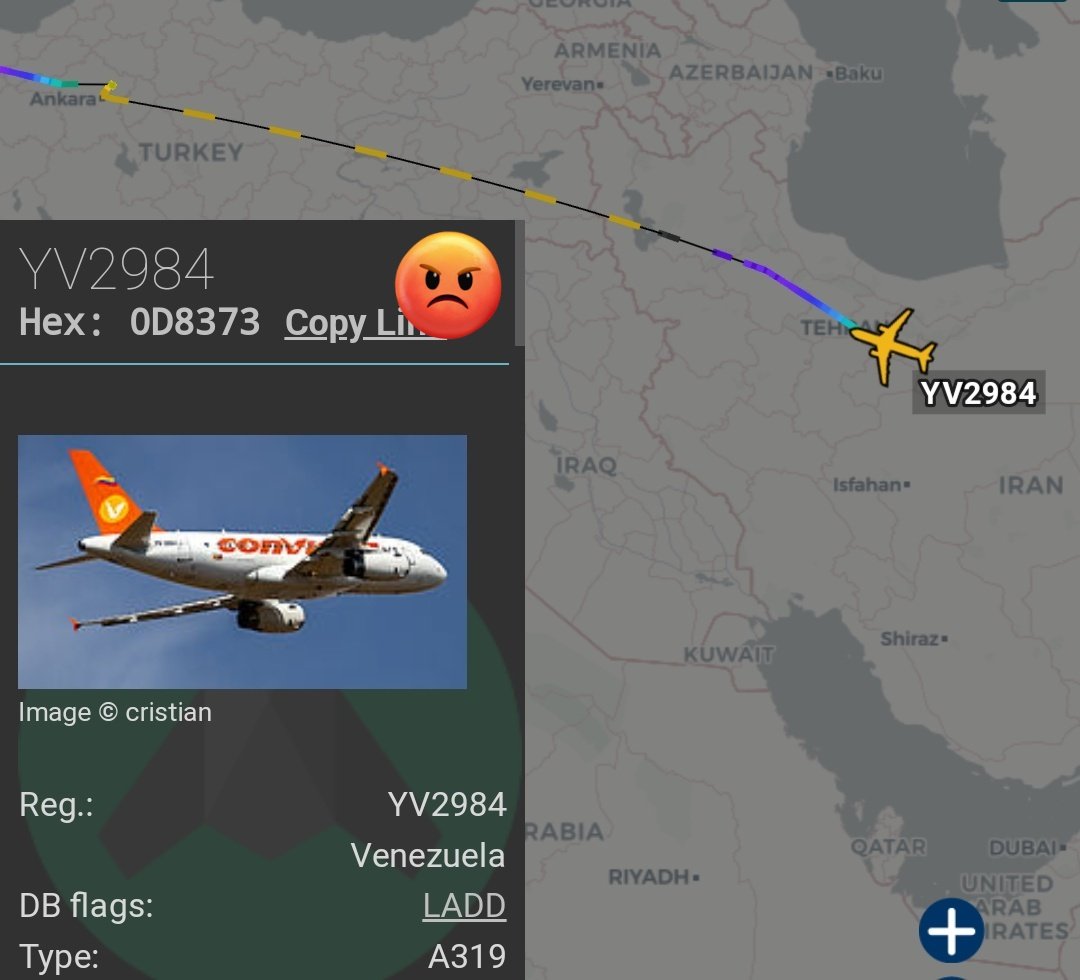 Arr3ch0's tweet photo. Menos de 12 horas duró la visita del Avión Presidencial de Venezuela #YV2984 a Ankara 🇹🇷, hace 4hrs y media llegó a Teheran  🇮🇷 https://t.co/Ftx941P87B