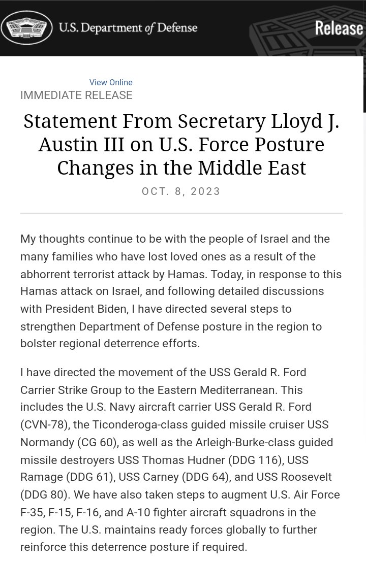 Natalia4Russia's tweet image. U.S to send aircraft carrier and task force to the eastern Mediterranean in I light of the recent attacks on Israel #Israel #hamasattack #Israel_under_attack #MiddleEast
