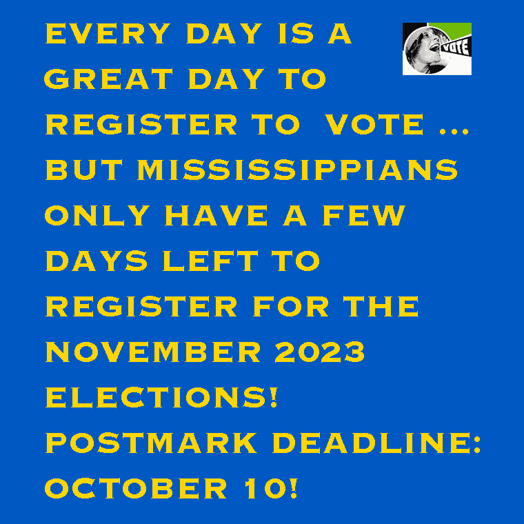 AmericanVision5's tweet photo. If not, look for anyone wearing a Andrew Goodman Foundation or League of Women Voters t-shirt on Courthouse Square in Oxford today-Oct. 8 • 3:45 to 5 - we'll help get you registered.

We'll have envelopes and stamps. https://t.co/vG48TgzIQP