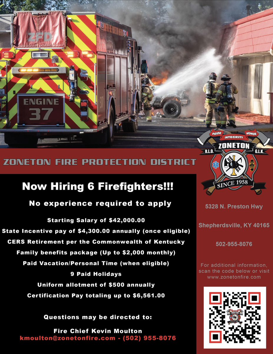 Now hiring 6 Firefighters!!! For additional information please visit zonetonfire.com/hiring-info