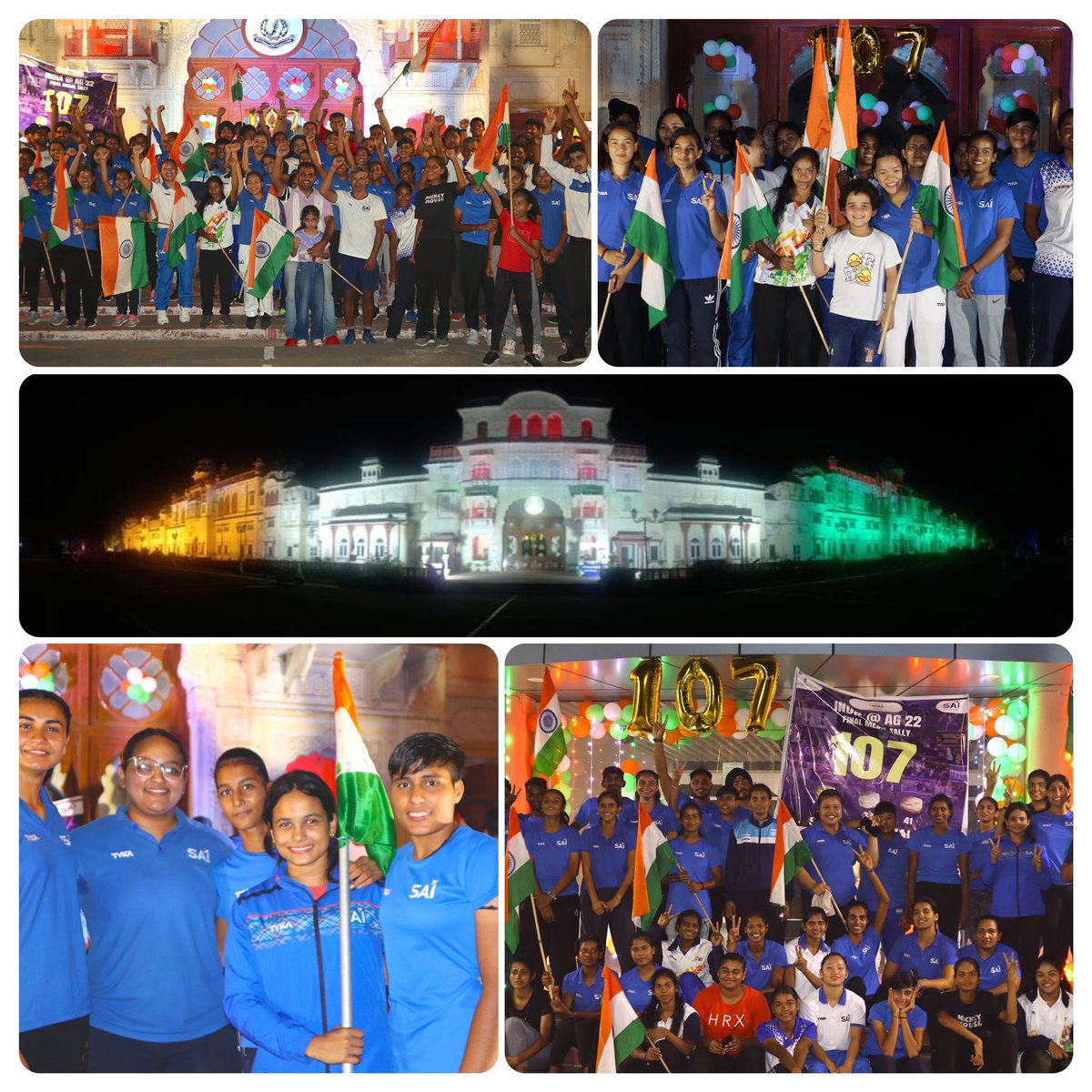 SAI_Patiala's tweet photo. 🌟 Celebrations abound at NS NIS, Patiala, as the air resonates with joy!
Our athletes, coaches, and dedicated staff stand united in the glow of India's extraordinary triumph at the Asian Games 2022. A historic milestone achieved - #HighestEver 🇮🇳 tally of 107 medals! 🥇🥈🥉
#AsianGames2022 #PrideOfIndia #Hallabol #IssBaar100Paar