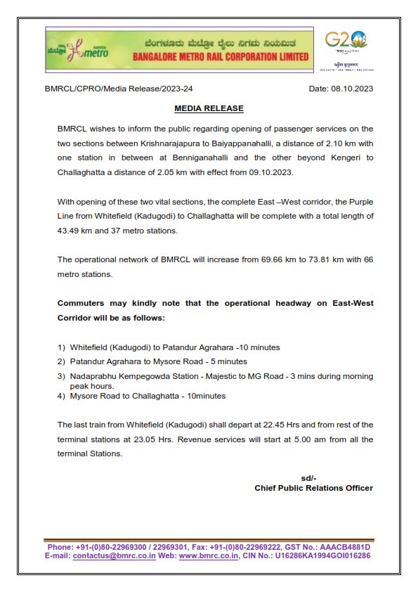 muthurangnathan's tweet photo. Tomorrow is a historic day for Bangalore,as we will see the Challagatta in West connection to Whitefield in East by Namma Metro #PurpleLine 
Kudos to @cpro3naamametro &amp; the team. Thanks to many who kept pushing for #StartPurpleLineOperations 
Very excited, hope to ride it on Tue https://t.co/NO4BEePVAZ