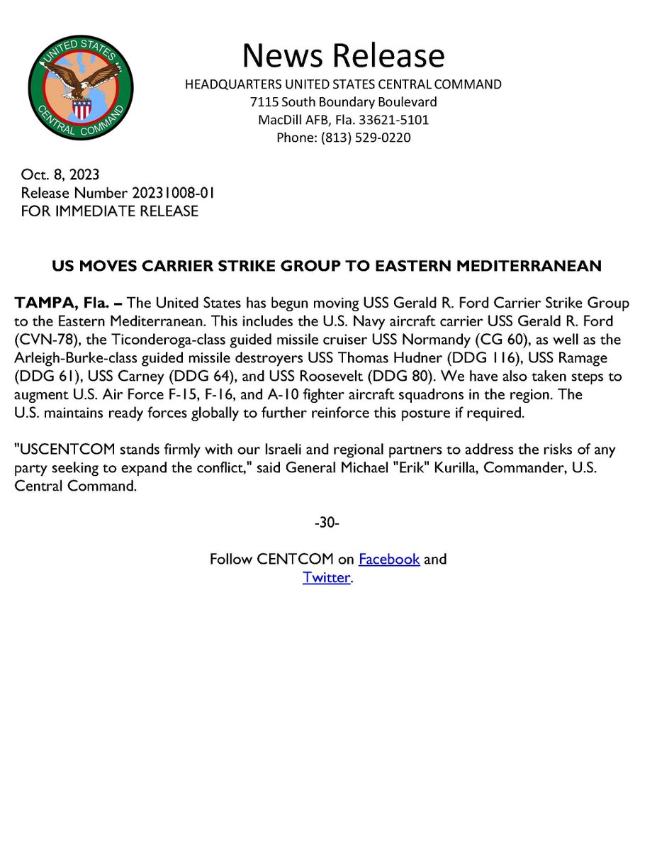"USCENTCOM stands firmly with our Israeli and regional partners to address the risks of any party seeking to expand the conflict," said General Michael 
"Erik" Kurilla, Commander, U.S. Central Command.

centcom.mil/MEDIA/PRESS-RE…