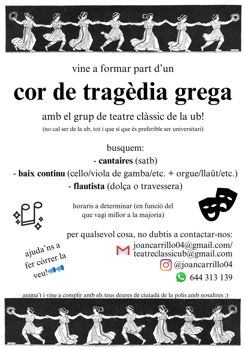 holaaa, estic intentant formar un petit cor universitari per al grup de teatre clàssic de la ub i m'agradaria poder arribar a tanta gent com sigui possible, si em poguéssiu ajudar amb un retuit o compartint-ho us ho agrairia molt💞💞