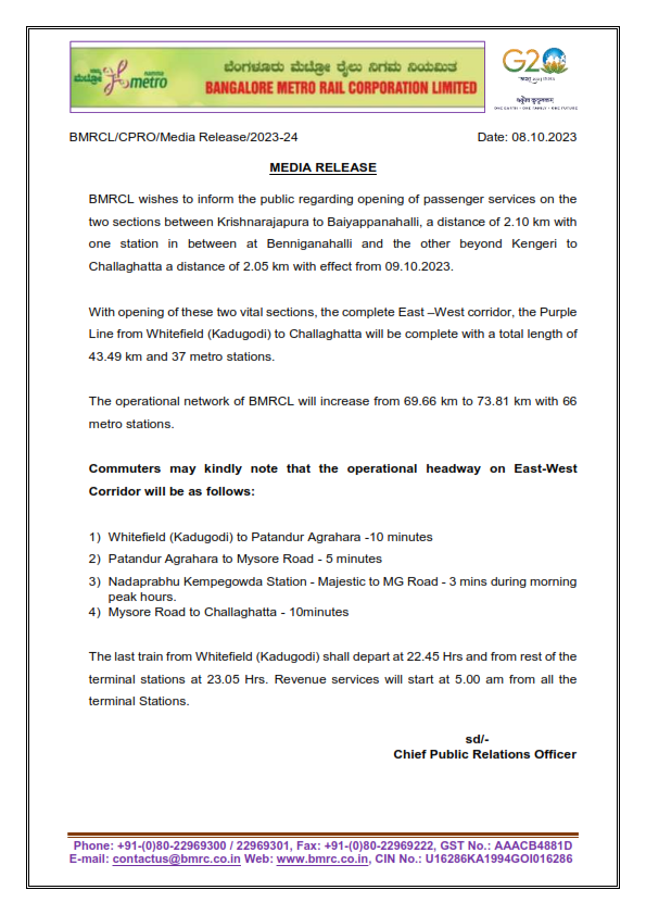 srivasrbmrccoi1's tweet photo. Media Release from Chief PRO, BMRCL -Opening of passenger services on the two sections betw'n KR Pura to Baiyappanahalli,  of 2.10 km with one station at Benniganahalli &amp; the other beyond Kengeri to Challaghatta a distance of 2.05 km with effect from 09.10.2023. https://t.co/d3qKyy4GFy