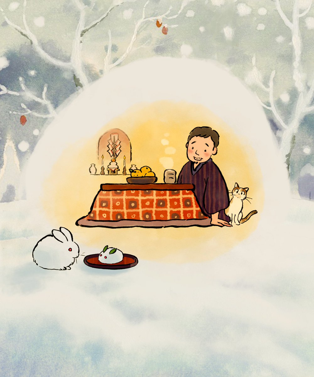 kotatsu table snow 1boy cat rabbit fruit  illustration images