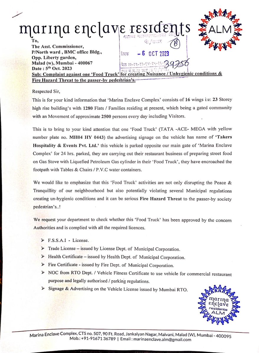 MarinaEnclave's tweet photo. @mybmcWardPN  @MTPHereToHelp @CMOMaharashtra  @mybmc @fssaiindia @CPMumbaiPolice  Enclosed is the complaint against a "Food Truck" creating nuisance/ unhygienic conditions &amp; fire hazard threat to  pedestrians. All authorities are requested to investigate &amp; take appropriate action https://t.co/teGlFniCd2