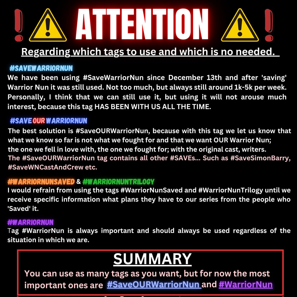 Jereczko97's tweet photo. ‼️⚠️ ATTENTION - TAGS⚠️‼️

I know its hard, but until we get 100% confirmation of what will happen to the WN we knew, we can try to do something. 
Doing something is better than doing nothing.  
A short 🧵 and poster on what tags to currently use.
#SaveOURWarriorNun #WarriorNun https://t.co/ch4neVcquy