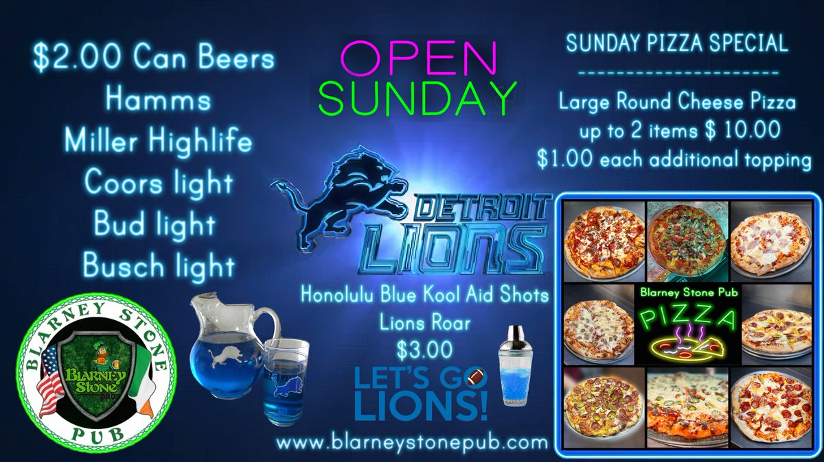 OPEN Sunday at Noon Sunday Pizza Specials: Large Round Cheese Pizza up to 2 items $10.00 $1.00 each addition topping. #detroitlions #football #pizza