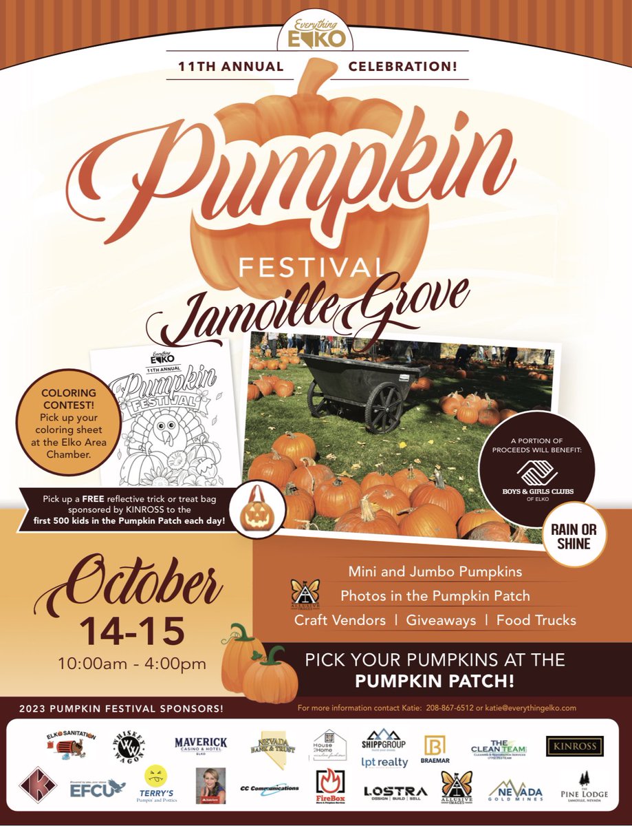 EverythingElko's tweet photo. 🎃The 11th Annual Everything Elko Pumpkin Festival is only 1️⃣ week away!
🔸FREE FALL FUN for the family! 
🔸FREE trick or treat bags to the first 500 kids in the Pumpkin Patch each day! 
🔸Come to EAT, SHOP, &amp; Pick your PUMPKINS
📍Lamoille Grove is located at 925 Lamoille Hwy https://t.co/p2Z92NVcS7