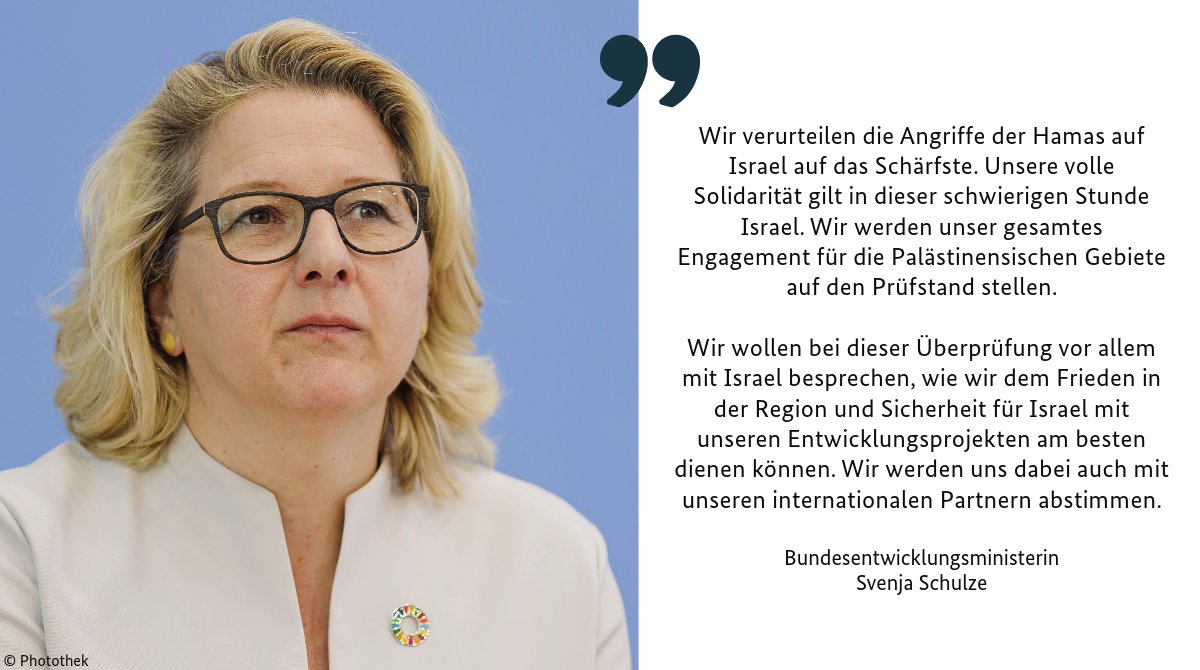 Entwicklungsministerin @SvenjaSchulze68 zu den aktuellen Entwicklungen in #Israel. Zum gesamten Statement: bmz.de/de/aktuelles/a…