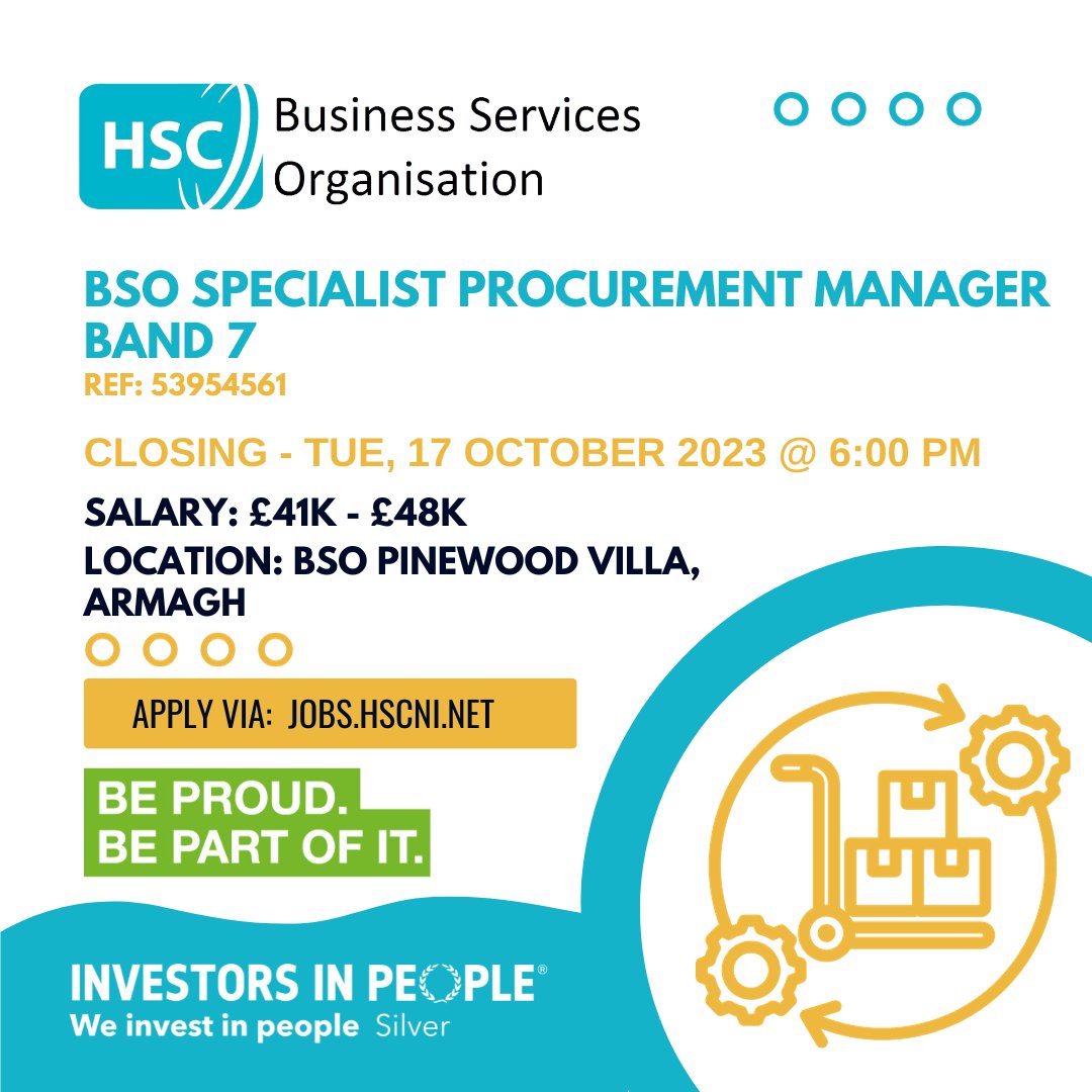 BSO_NI's tweet photo. Looking for a great opportunity in Armagh? Don’t miss this, @BSO_NI are seeking a Band 7, Specialist Procurement Manager
Closing date: Tue, 17 October 2023 @ 6:00 PM

For more information visit:
https://t.co/VTa8zwpHO9

#BSO #hscjobs #procurement #Armagh #hscni #seniormanager https://t.co/JomiaKKyfN
