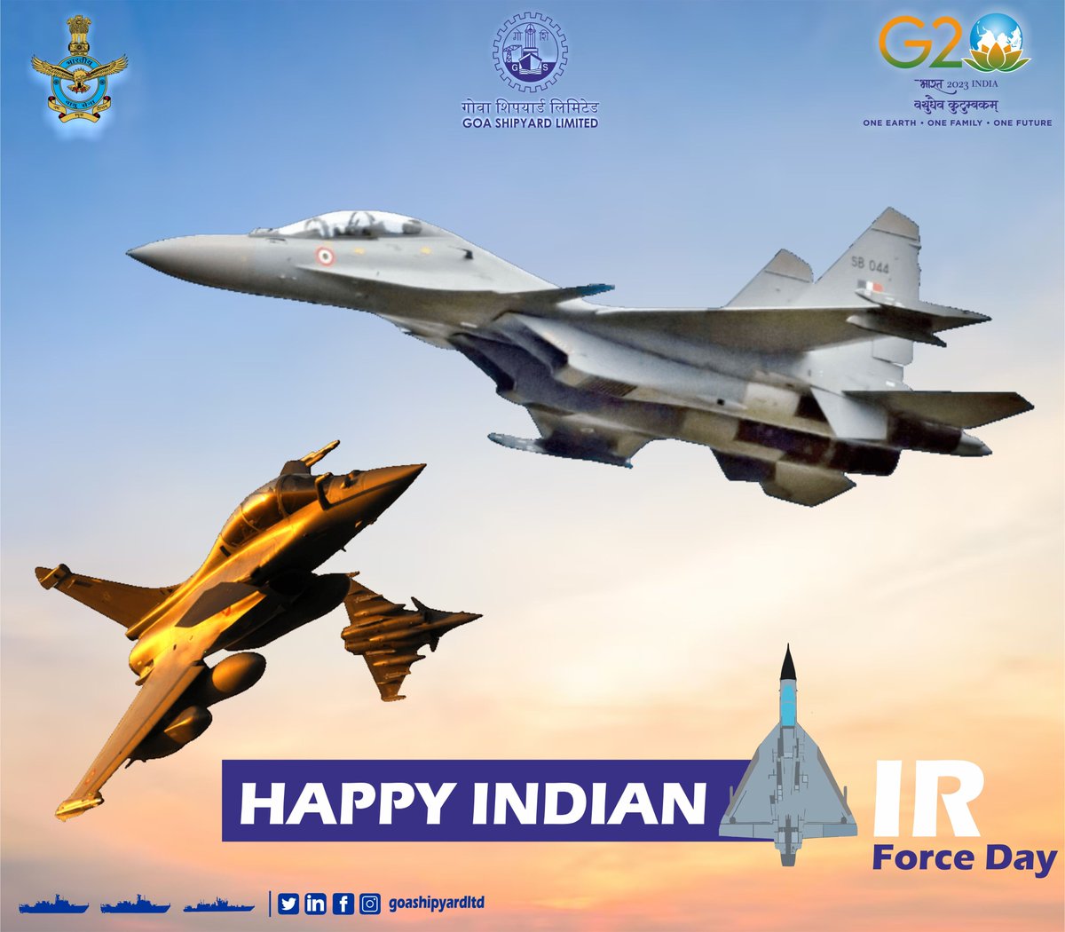goashipyardltd's tweet image. On the occasion of the #IndianAirForceDay, Goa Shipyard  Limited extends its best wishes to &apos;Guardians of the Skies’ for their valor &amp;amp; sacrifice. 

Thank you for always protecting us.

#TouchtheSkywithGlory 

@IAF_MCC