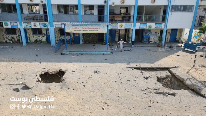 “The Israeli occupation claims that these schools are safe and urges Gazans to search for them and go to them. 
#GazaUnderAttack 
#Gaza 
#طوفان_الاقصى_