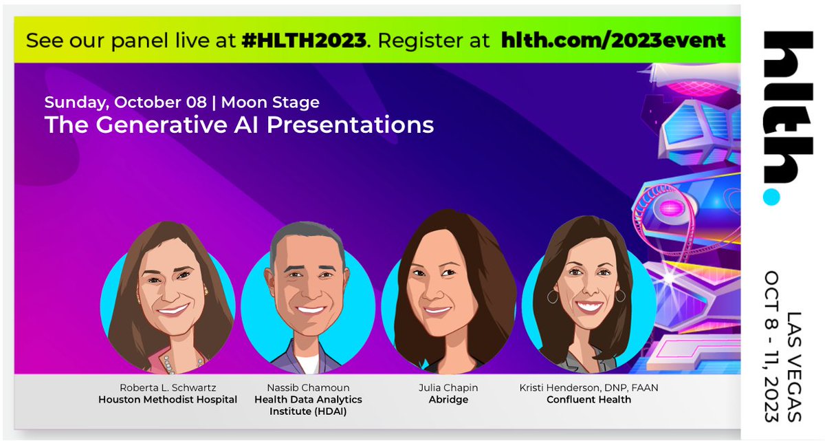 We're excited to be at #HLTH2023, learning from the best &amp; brightest in the industry! Come listen to our CEO speak with <a href="/MethodistHosp/">Houston Methodist</a>'s <a href="/RobertaS_CIO/">Roberta Schwartz</a> on harnessing the power of #AI and #MachineLearning at scale across the #healthcare system.
