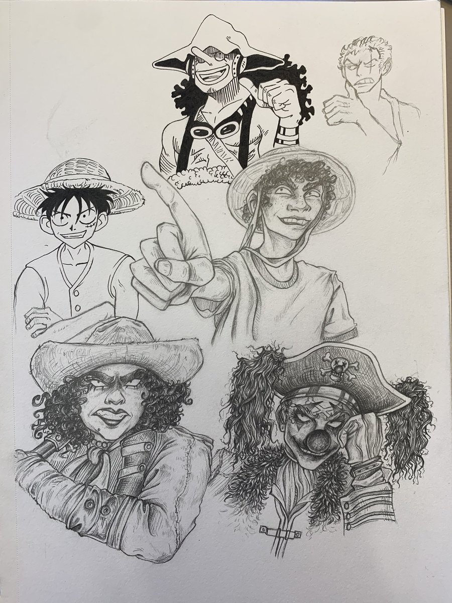altomemphis's tweet photo. drawings of one piece and its wonderful live action! I’m not an anime pers usually but sometimes theres one that grabs me by the throat and this one has https://t.co/23ifQUyLzH