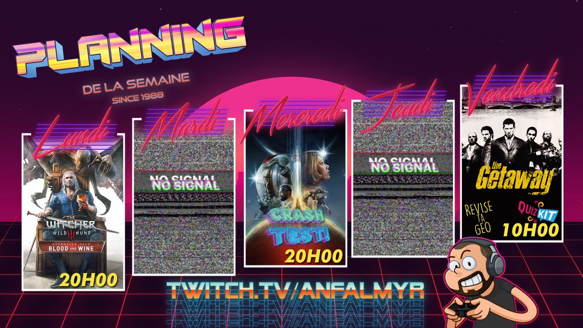 📅PLANNING DE LA SEMAINE
⚔️Lundi : Witcher 3 B&amp;W  Episode 09
🚀Mercredi : CrashTest STARFIELD
🚓Vendredi : Getaway - la 2eme partie
⏩twitch.tv/anfalmyr