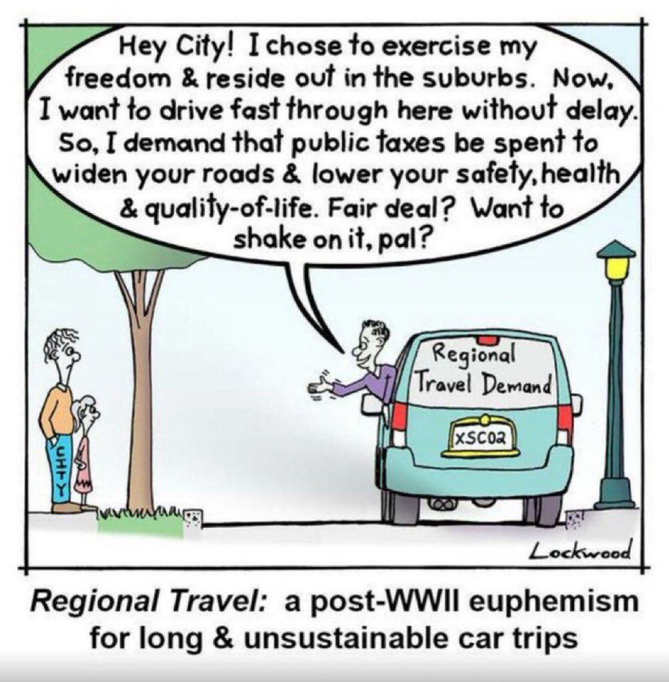 REMINDER: Those choosing to live in the subsidized suburbs for a bigger house and yard are NOT also entitled to free-flow car traffic capacity (aka “easy car commute”) into the city at the expense of the taxes, health, safety &amp; quality of life of city-dwellers. 
HT <a href="/IanLockwoodPE/">Ian Lockwood PE</a>