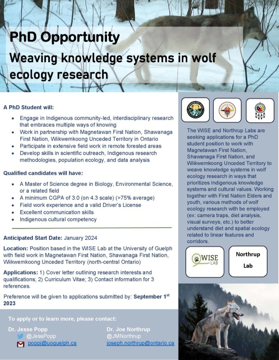 Fully Funded PhD opportunity at the University of Guelph, School  of Environmental Science for a student to work with the Dr.Jess N. Popp and her fantastic lab wiselab.ca.🐺  #IndigenousScience #Ontario #Canada 🇨🇦