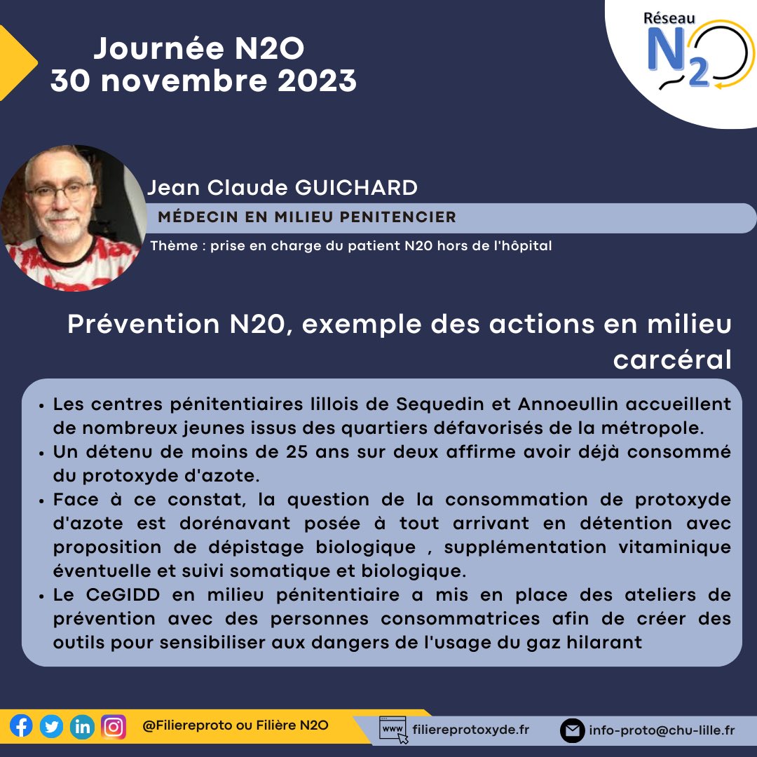 FiliereProto's tweet image. Lors de la journée du 30 novembre, le docteur Jean Claude Guichard nous présentera les actions en milieu carcéral pour lutter contre l’abus de #protoxyde d’azote #gazhilarant 🎈
@CHU_Lille