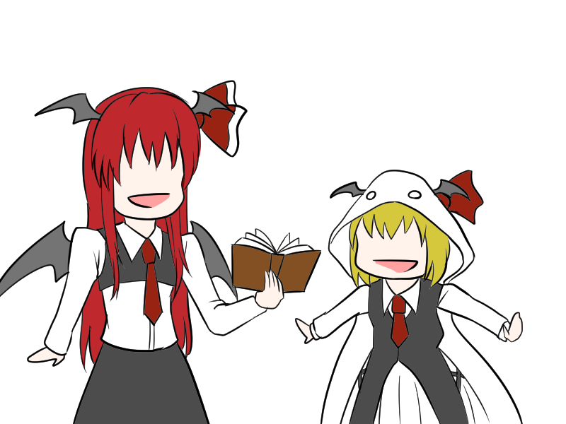 小悪魔(東方プロジェクト) ,ルーミア(東方プロジェクト) 「ロスワで今復刻してるイベントのこあとルーミア良いよね お互いの衣装入れ替わってる」|天地ハル ＠暖かくなってきたので頑張りますのイラスト