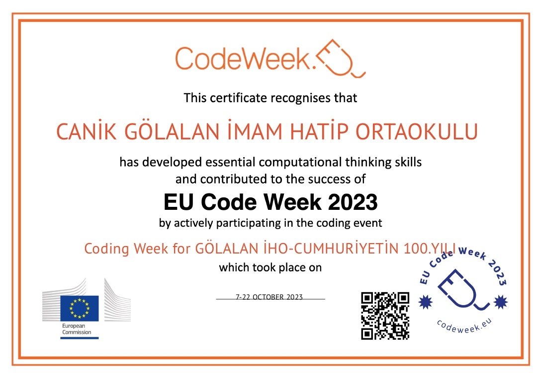 📣Canik Kodluyor!
#codeweek2023
🗓7-22 Ekim 2023 tarihleri arasında uygulanacak, Cumhuriyetimizin 💯. Yılı Temalı Kod Haftası Etkinliklerinde
🏫Gölalan İmam Hatip Ortaokulumuz yerini aldı. <a href="/GolalanO/">CANİK GÖLALAN İMAM HATİP ORTAOKULU</a>
👩‍💻🧑‍💻Kod oluşturmak ve sertifika için tıklayınız... 👇
🔗 codeweek.eu