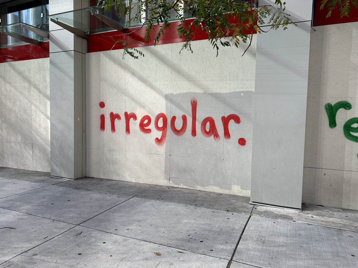 This whole “irregular” thing is not art. It’s just plain graffiti. Id love to know the amount of dollars/man hours expended across the city removing this tag. We should all send him the bill.