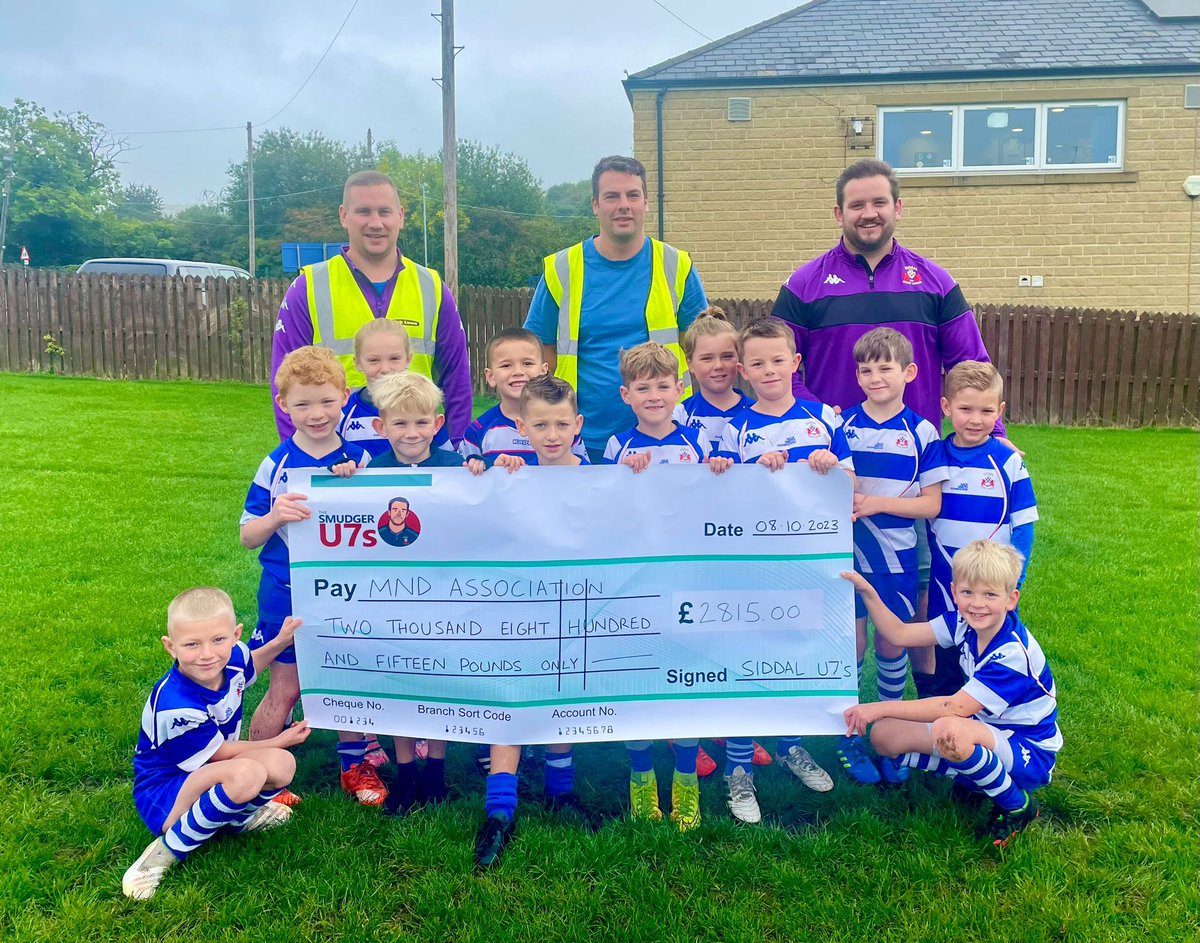 Finally added everything up and donated £2815 to @mndassoc from the @siddalrl Smudger U7’s tournament last month. The Nick Smith Foundation finished its work earlier this year but we have asked that our donation to the MND Association goes towards Memory & Treasure Boxes