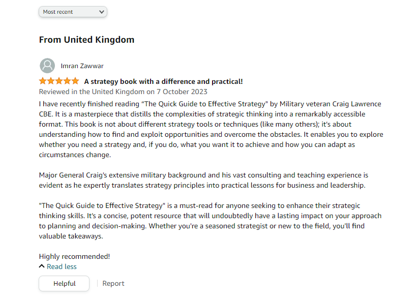 This review of the new strategy book by <a href="/Imran_Zawwar/">Imran Zawwar, PhD</a> has made by day because he's a world expert on #strategy and CEO of the London Strategy Centre, a strategy institution with global reach and impact. See the book at: amzn.to/46kSGVL #strategy #RCDS