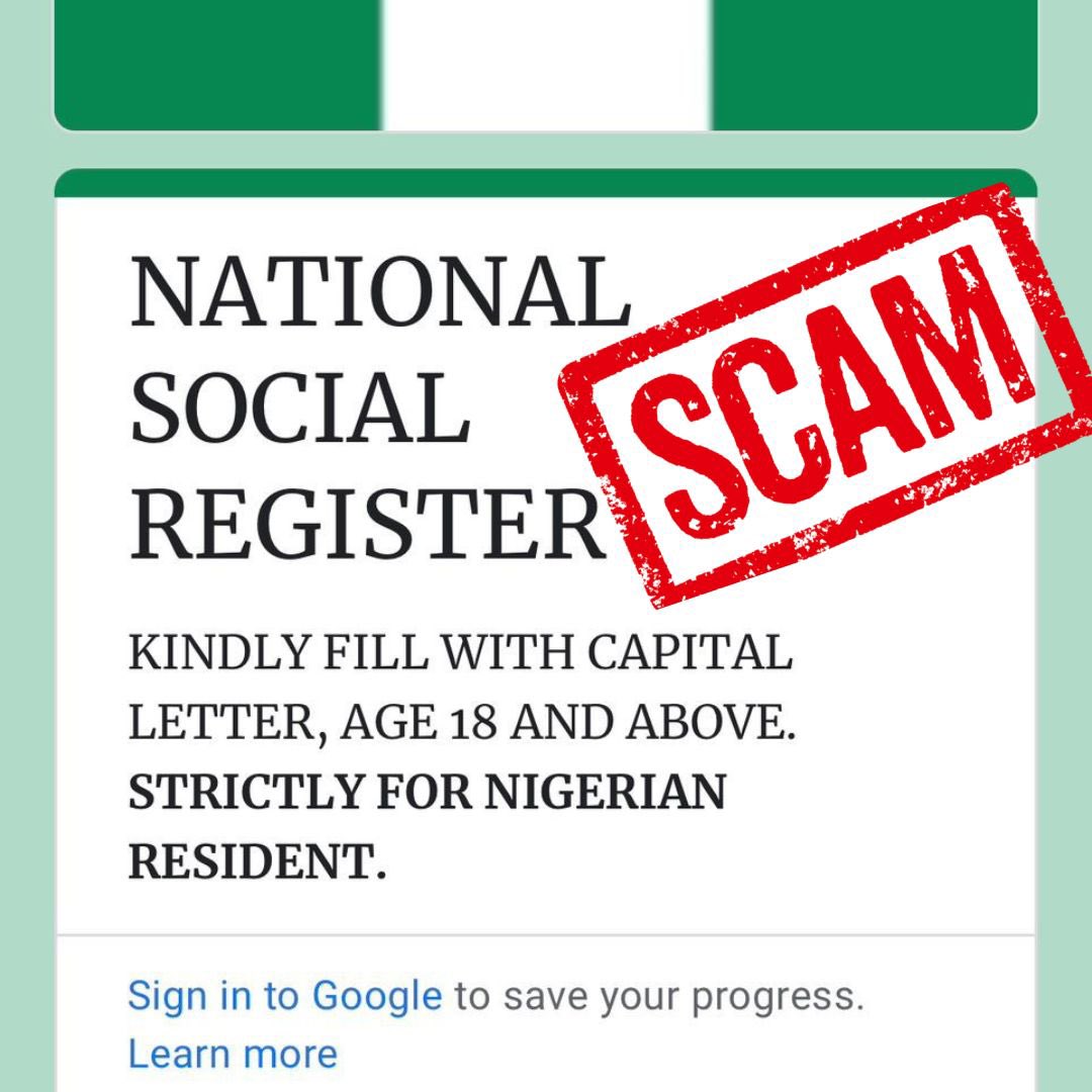 NasscoNigeria's tweet photo. SCAM ALERT‼️ 
Fraudsters have created FAKE National Social Register “verification forms” online  to defraud unsuspecting members of the public. This is a SCAM! Do not fill out any such forms or join Whatsapp groups or share your personal information through text messages to persons claiming to work for NASSCO.