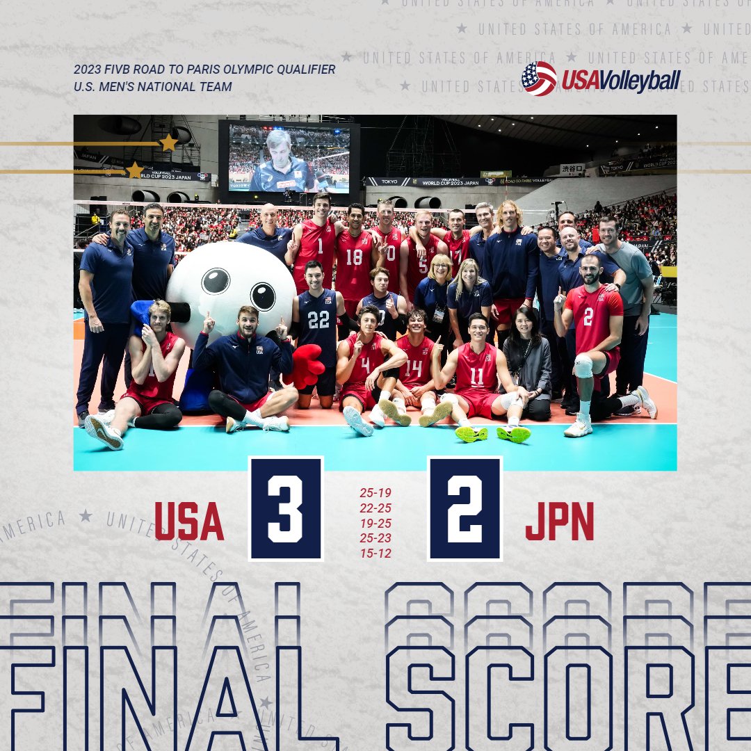 usavolleyball's tweet photo. Undefeated! ☝️  

The U.S. Men 🇺🇸 finished the 2023 FIVB Road to Paris Olympic Qualfier at 7-0 after a 3-2 (25-19, 22-25, 19-25, 25-23, 15-12) win over host Japan 🇯🇵 on Sunday.

The U.S. Men were awarded the "traditional World Cup" 🏆 for winning the group.

Story to come https://t.co/LPyQgi0i3i