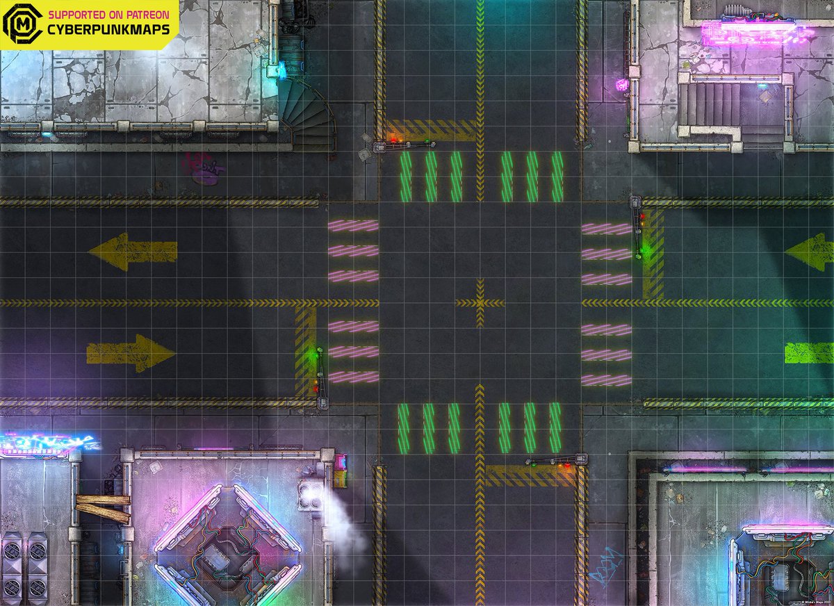 cyberpunkmaps's tweet photo. Here's a simple street intersection map for random encounters. 

The full map pack on Patreon includes some alternatives with different lighting and props.

This map was done with @inkarnaterpg 's Early Access Sci-Fi Style. 

#cyberpunkred #cyberpunk2020
#shadowrun 
Thanks! https://t.co/djpCkHKHxl