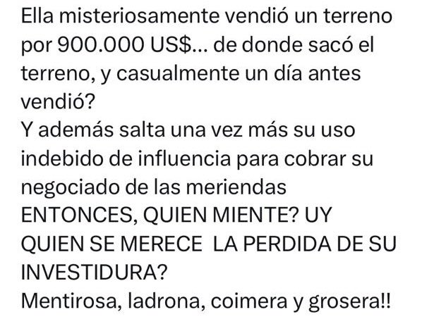 Estoy harta que me difamen perdedores como éste. Rico cue, estafador, moroso, quebrado, sinverguenza al que le queda solo un apellido de dudosa prosapia, fingiendo duro ser lo que nunca será, abandonado por una mujer que huyó a tiempo, resentido, frecuentador de perdedores