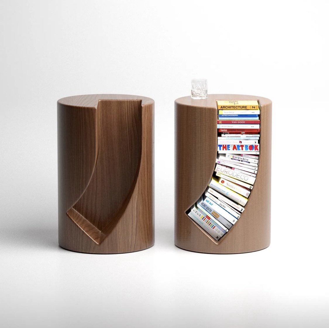 designdocument's tweet image. This is the "Bookgroove" Bookrack &amp;amp; Side Table by Deniz Aktay 📚🥃